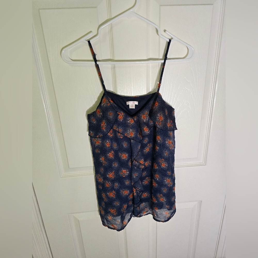 Xhilaration Womens Spaghetti Strap Tank Top Floral Blue Ruffle Small